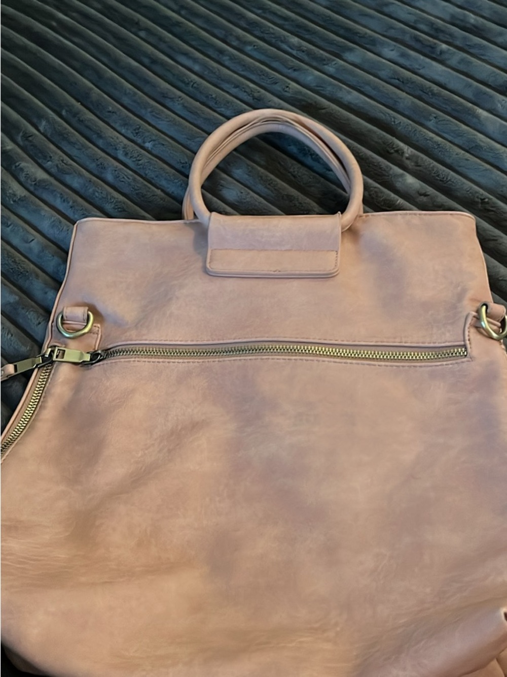 Blush Vegan Leather Tote with Front Zip Pocket
